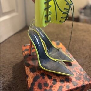 Lemon Lime Green Women's Heels with Clear Accents